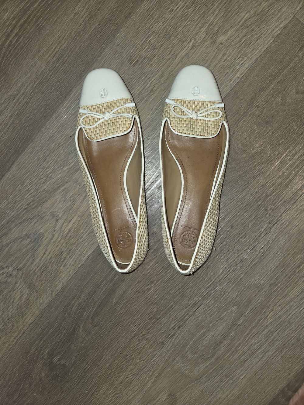 Tory Burch Cream and Beige Raffia Cap-Toe Ballet Flats